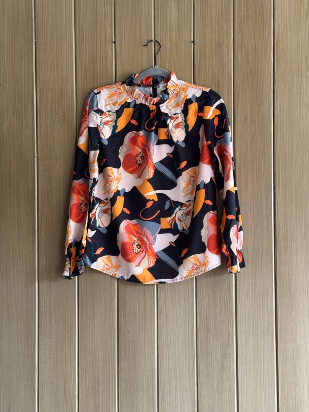 Floral Mock-Neck Long Sleeve Blouse - Navy & Coral